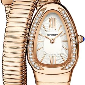 Gosasa Stylish Women's Snake Shape Bangle Watch Unique Design Snake Coil Elegant Dress Diamond Bracelet Ladies Quartz Wristwatch with Roman Numerals Dial